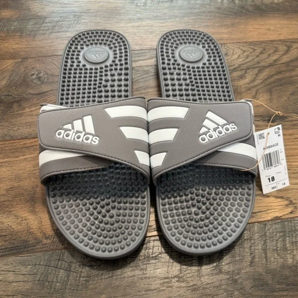 NEW Adidas‎ Adissage Stripe Gray Slip-On Sandals Rubber Slides Mens Size 18
